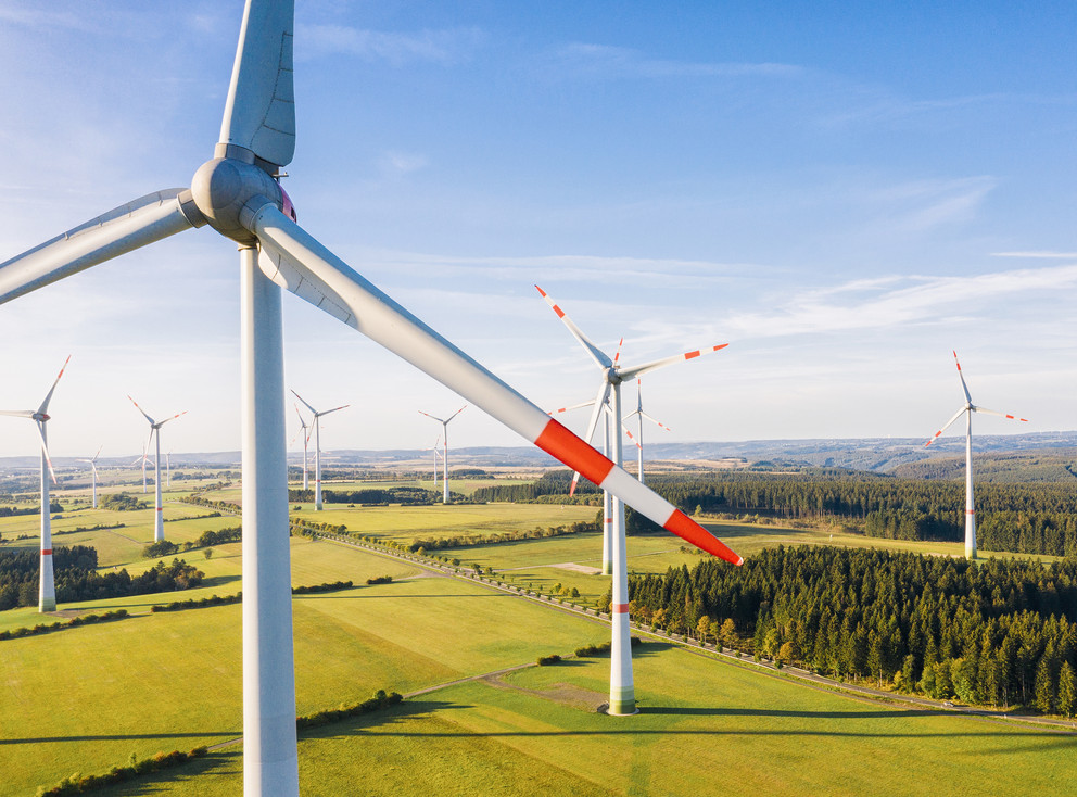 Wind turbine from aerial view - Sustainable development, environ